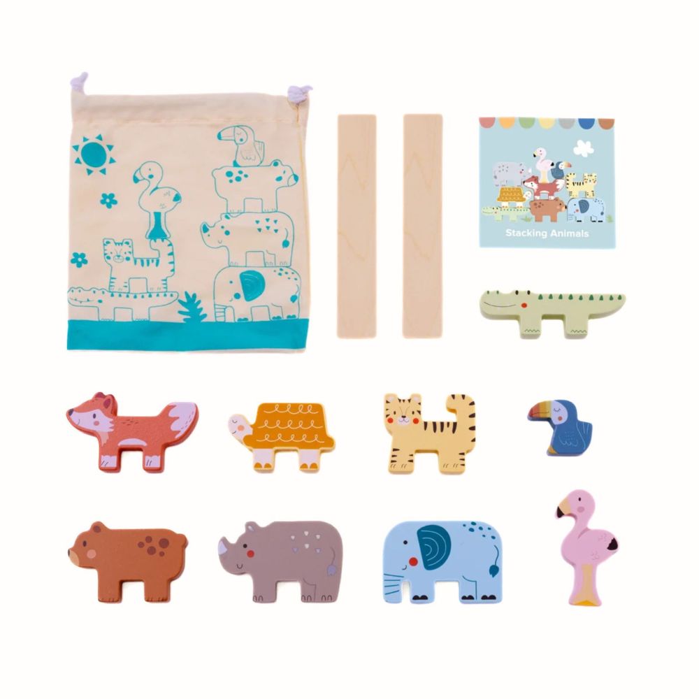 TOOKY TOY Wooden Blocks Puzzle Tower Stacker Stacks Animals Montessori 13 pcs. 