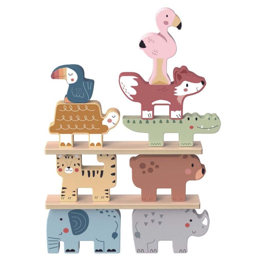 Mediniai blokeliai, dėlionė, bokštas, TOOKY TOY gyvūnėliai, Montessori, 13 vnt