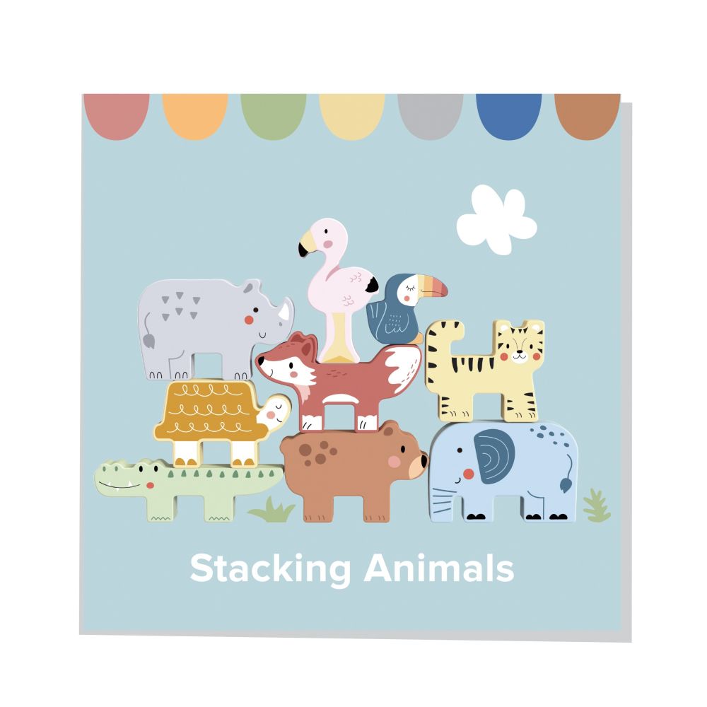 Mediniai blokeliai, dėlionė, bokštas, TOOKY TOY gyvūnėliai, Montessori, 13 vnt