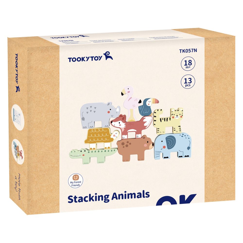 Mediniai blokeliai, dėlionė, bokštas, TOOKY TOY gyvūnėliai, Montessori, 13 vnt