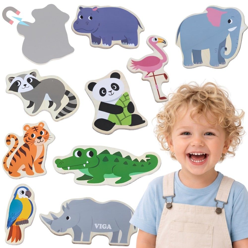 VIGA Wooden Magnets Wild Animals – Colorful Educational Magnets 18M+ 