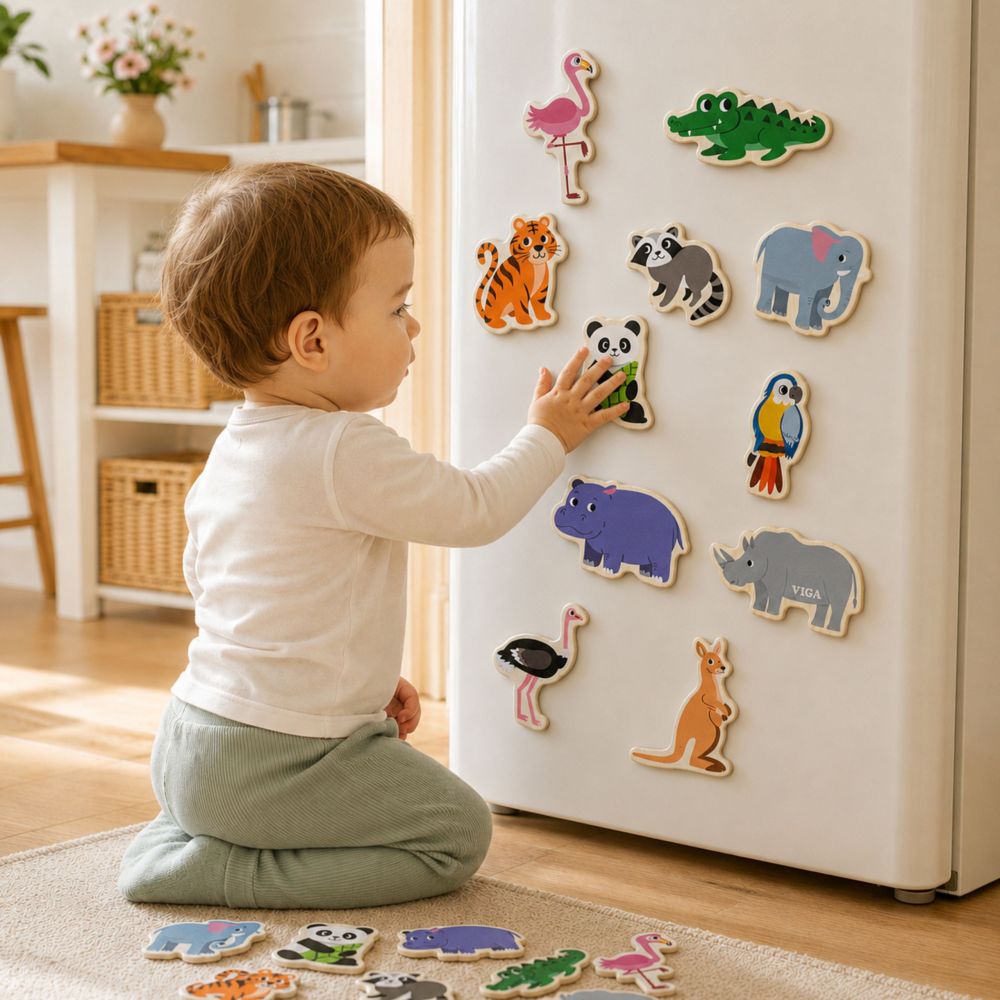 VIGA Wooden Magnets Wild Animals – Colorful Educational Magnets 18M+ 