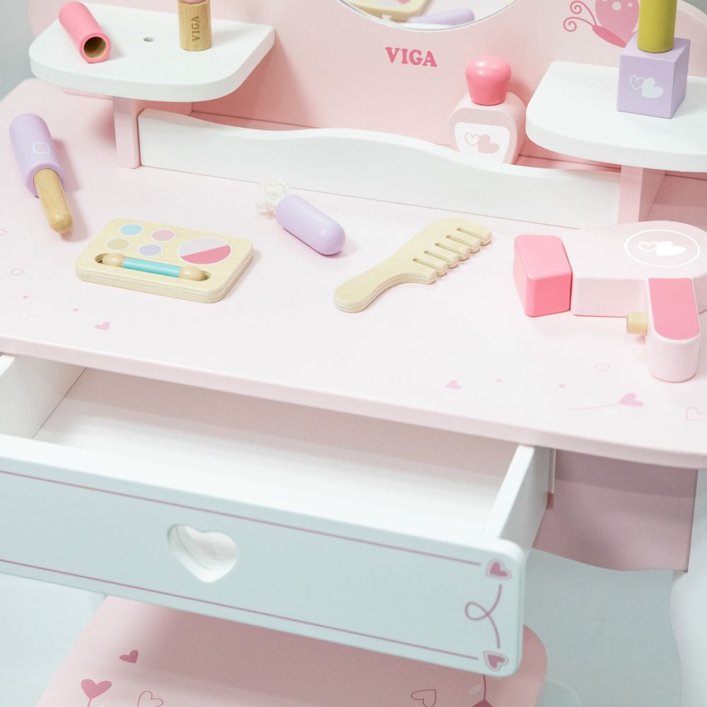 VIGA Large Wooden Dressing Table in White and Pink with Mirror and Chair 