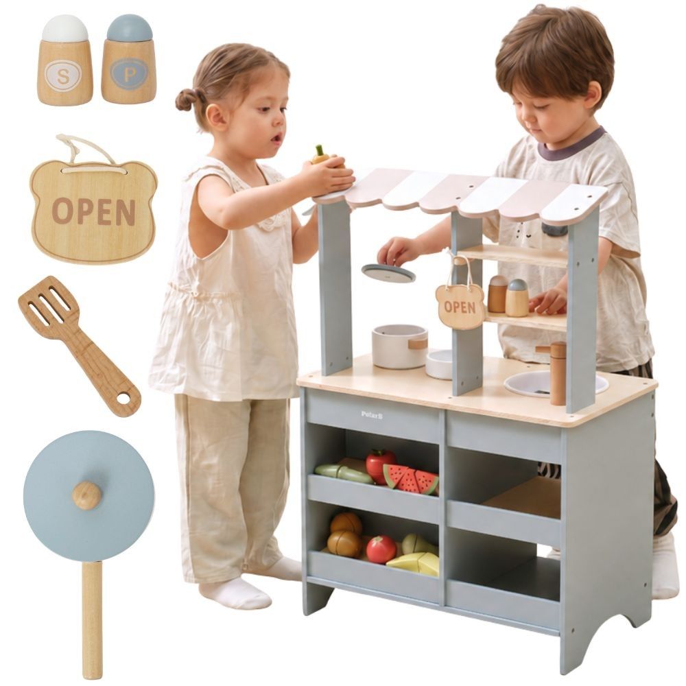VIGA PolarB Wooden Kitchen 2-in-1 Shop Stand with Accessories for Children 3+ 