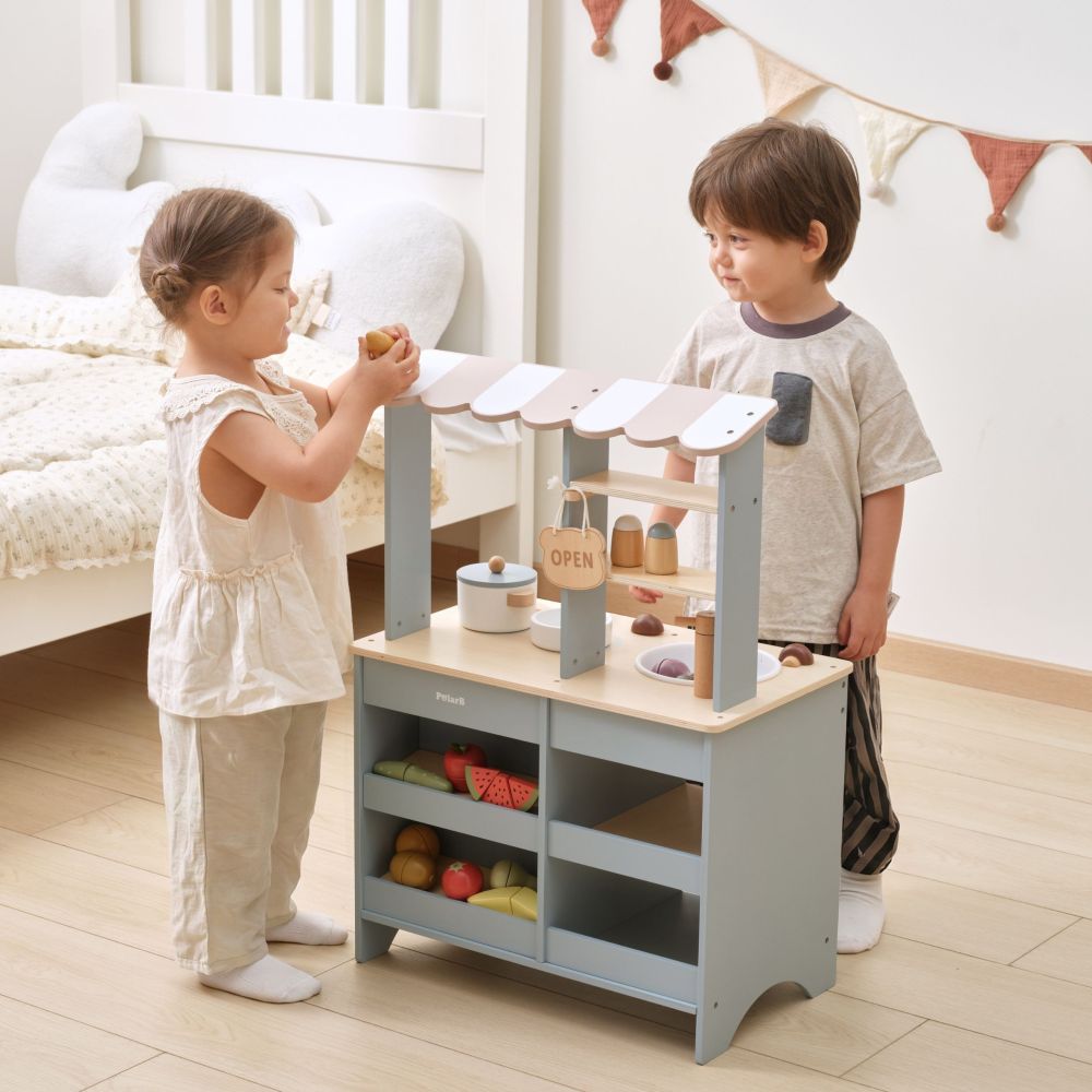 VIGA PolarB Wooden Kitchen 2-in-1 Shop Stand with Accessories for Children 3+ 