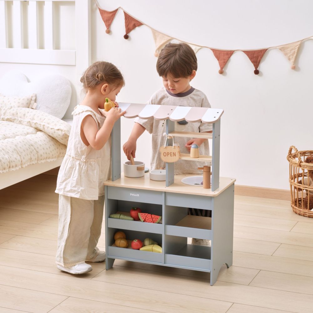 Medinės virtuvės stendas VIGA PolarB 2-in-1 Shop su priedais, pilkai melsva