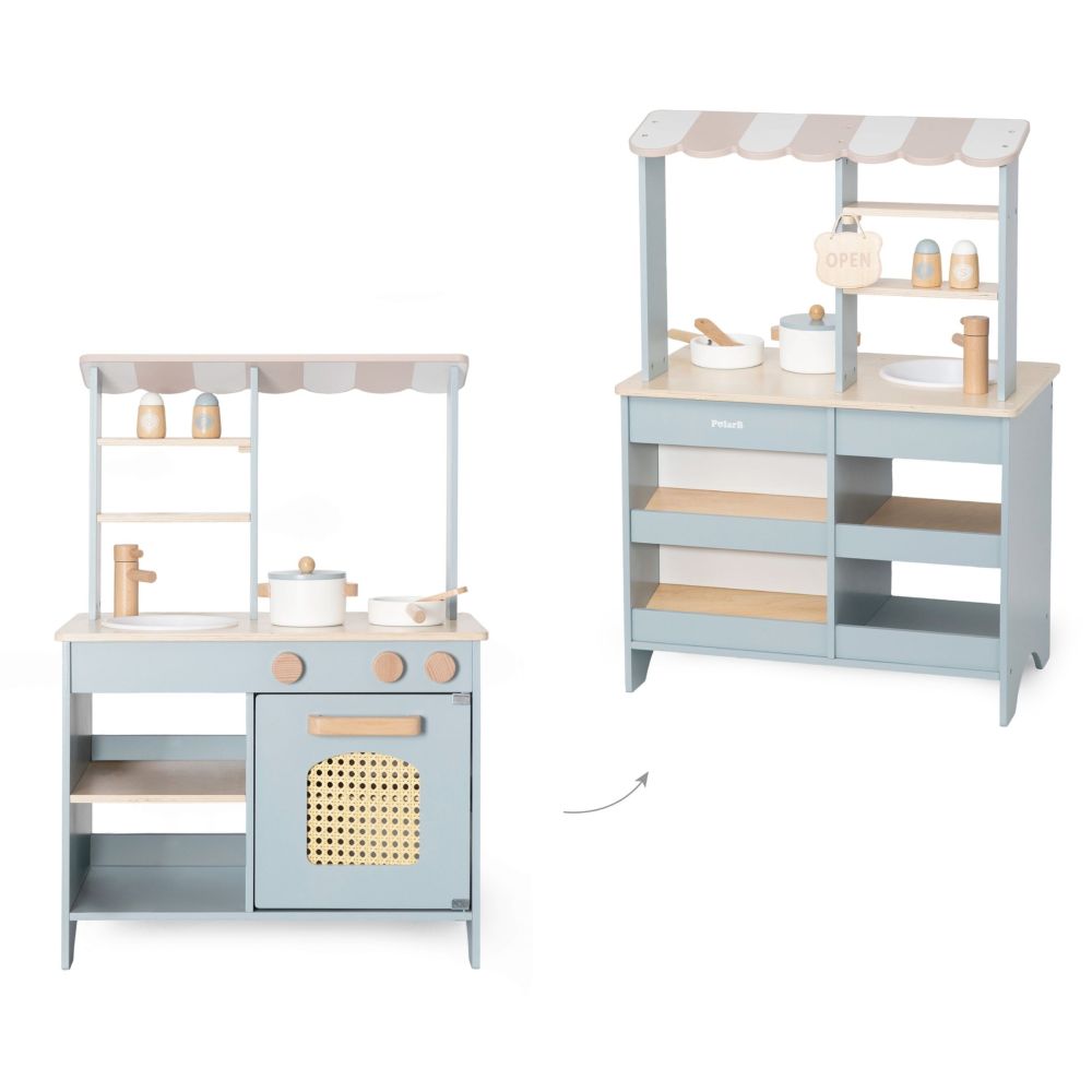 VIGA PolarB Wooden Kitchen 2-in-1 Shop Stand with Accessories for Children 3+ 