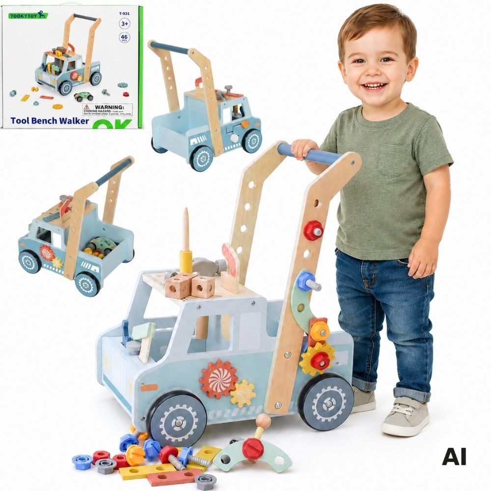 Medinis stumdukas TOOKY TOY automobilis „Mini STEM“ dirbtuvės