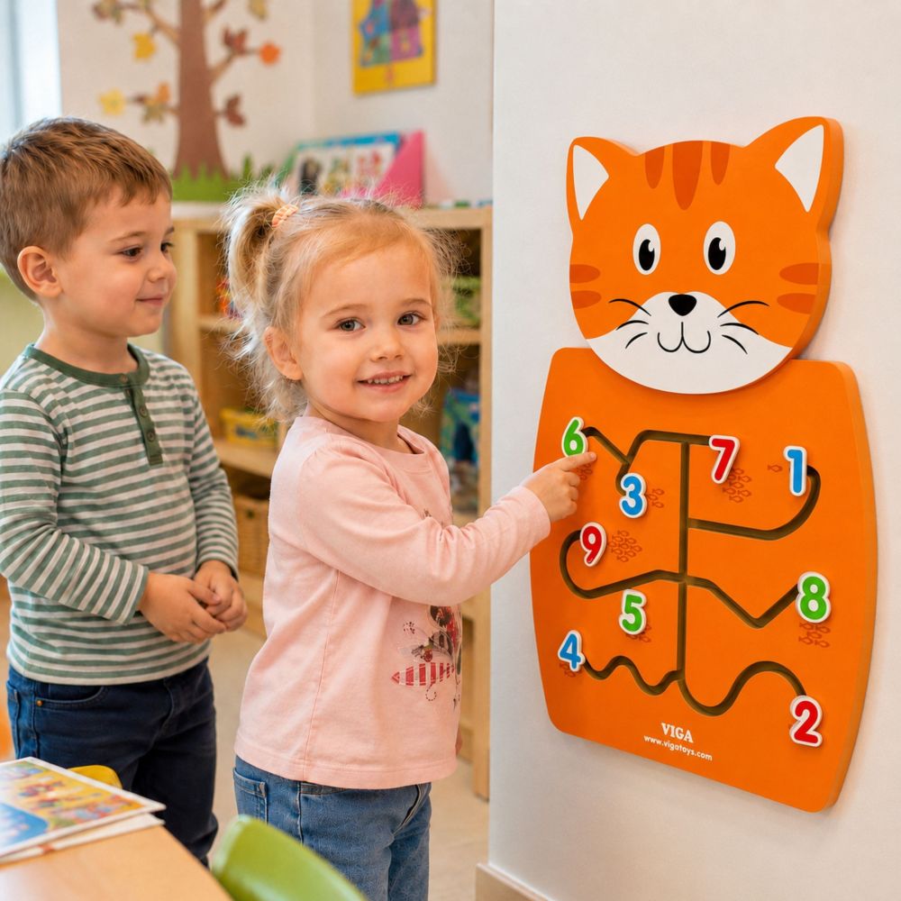 VIGA Wooden Manipulative Board Numbers Kitten FSC Montessori Certificate 