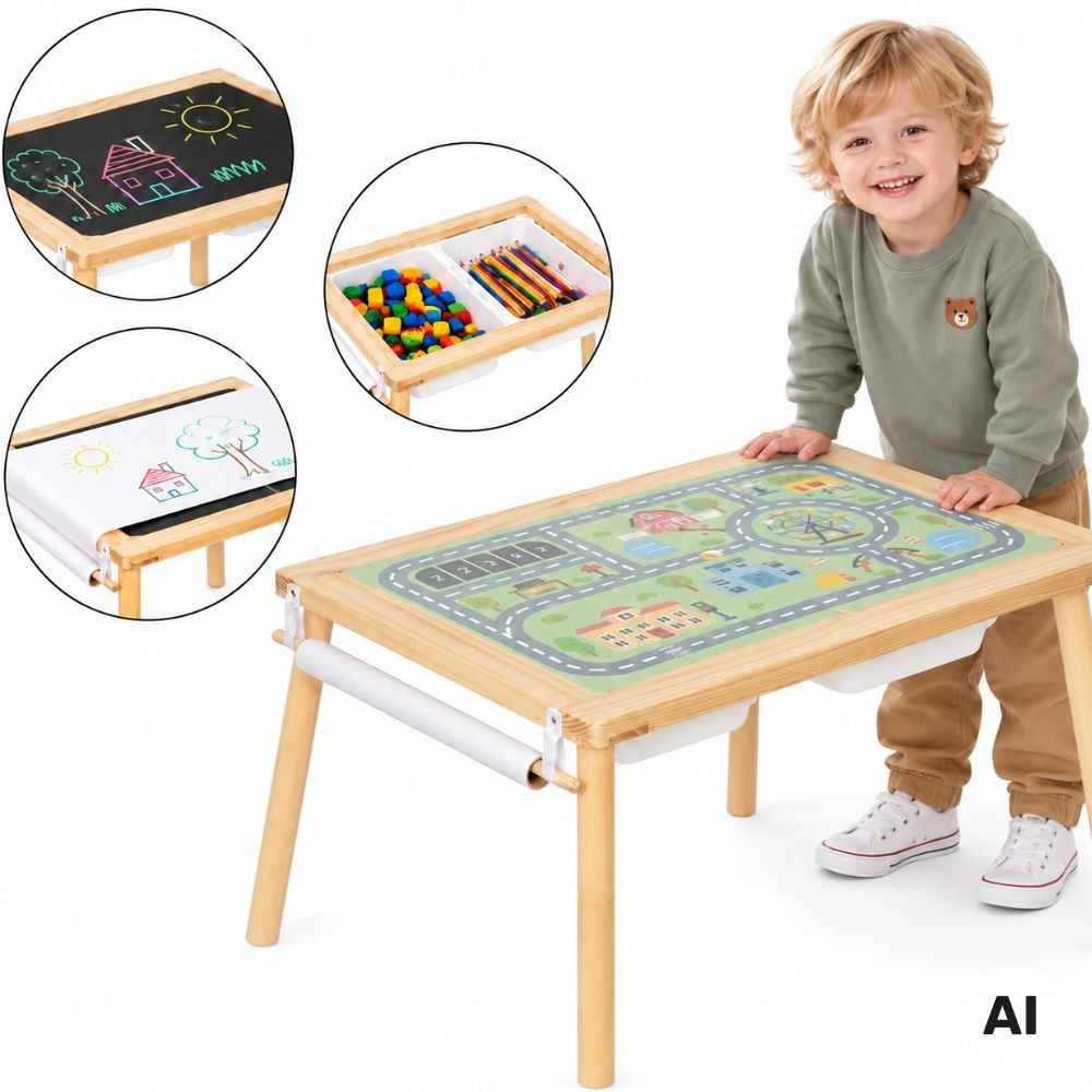 WOOPIE GREEN Wooden 4-in-1 Activity Table Chalkboard Containers City Map Drawing Paper 