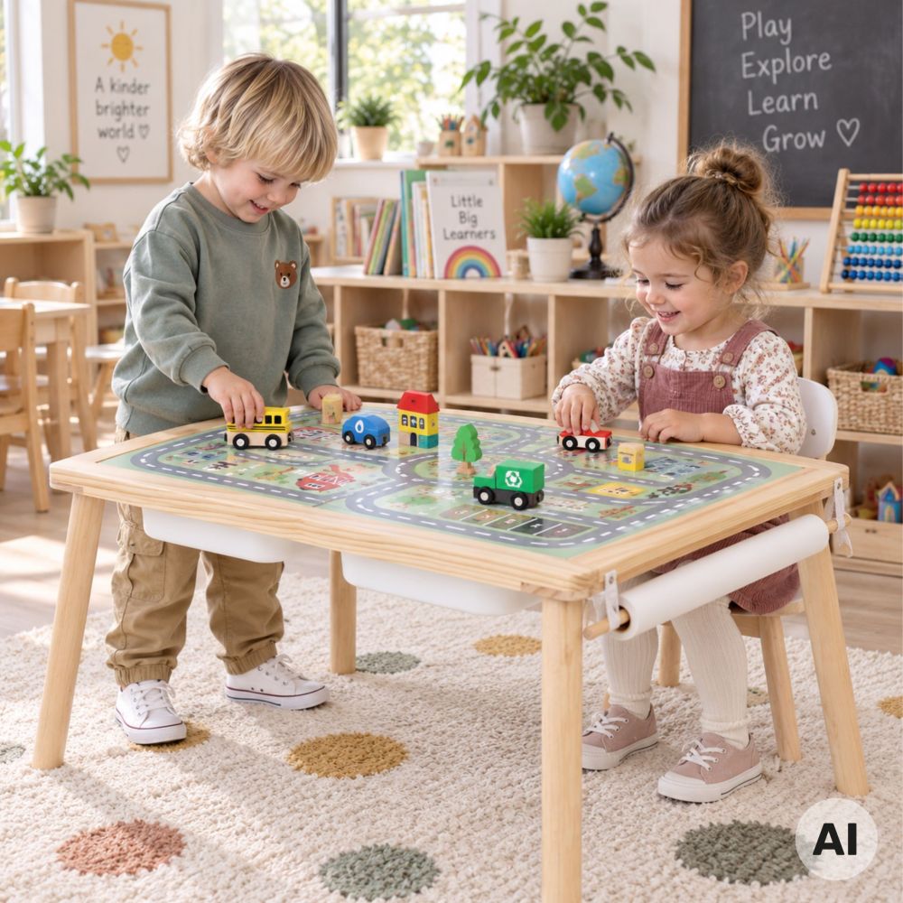 Medinis žaidimų stalas WOOPIE GREEN 4-in-1 su lentele, dėžutėmis, miesto žemėlapiu ir piešimo popieriumi