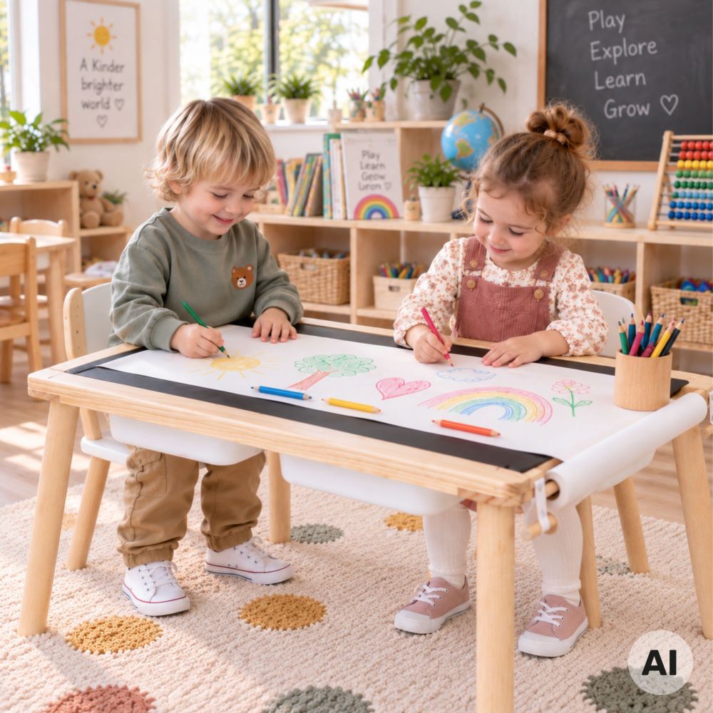 Medinis žaidimų stalas WOOPIE GREEN 4-in-1 su lentele, dėžutėmis, miesto žemėlapiu ir piešimo popieriumi