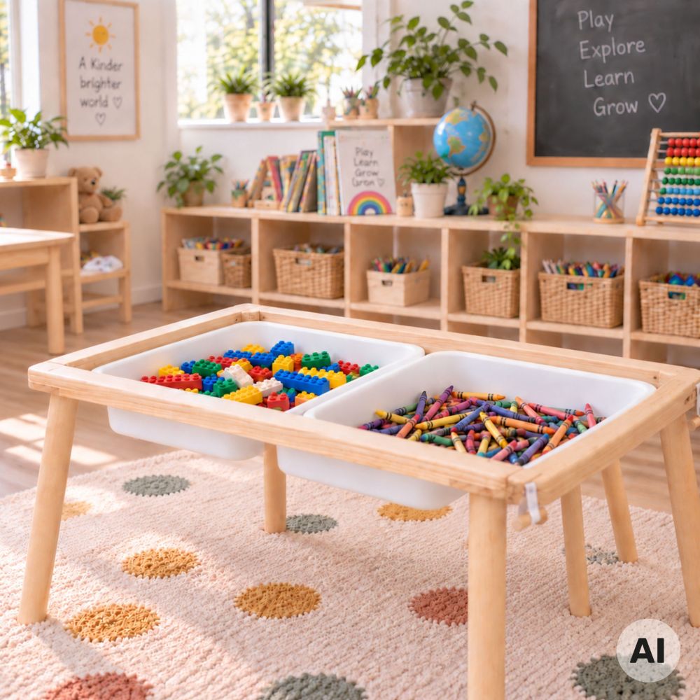 WOOPIE GREEN Wooden 4-in-1 Activity Table Chalkboard Containers City Map Drawing Paper 