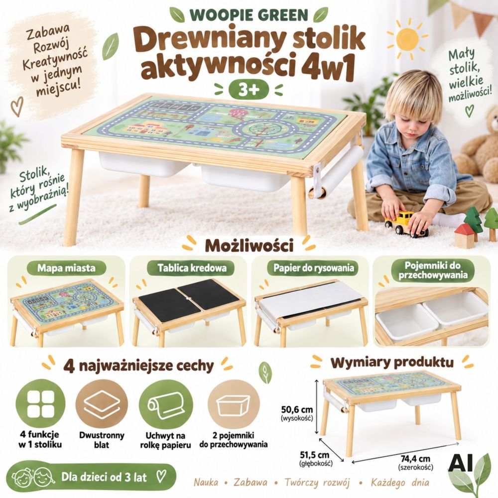Medinis žaidimų stalas WOOPIE GREEN 4-in-1 su lentele, dėžutėmis, miesto žemėlapiu ir piešimo popieriumi