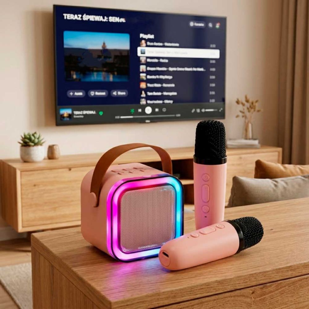Karaokės rinkinys 2 mikrofonai + nešiojamas garsiakalbis BLUETOOTH USB LED rožinis