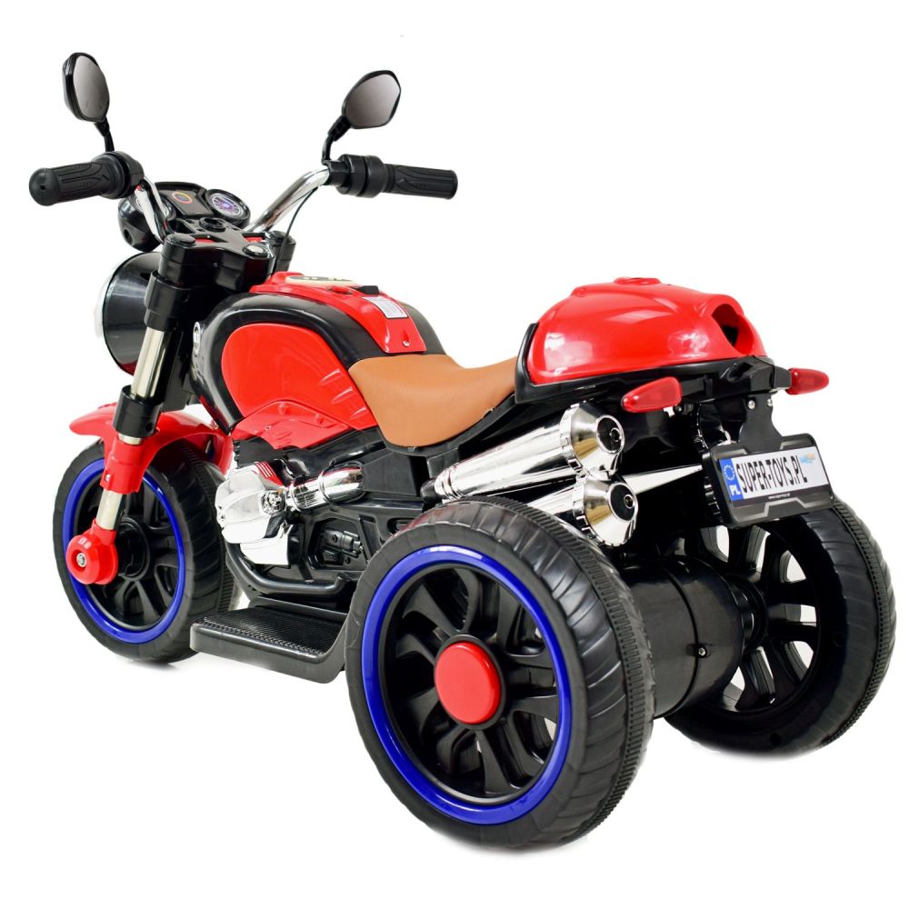 Elektrinis motociklas 3 RATŲ – 2 VARIKLIAI, ŠVIESANČIOS RATAI, MINKŠTA SĖDYNĖ, AKCELERATORIUS RANKENĖJE/5189