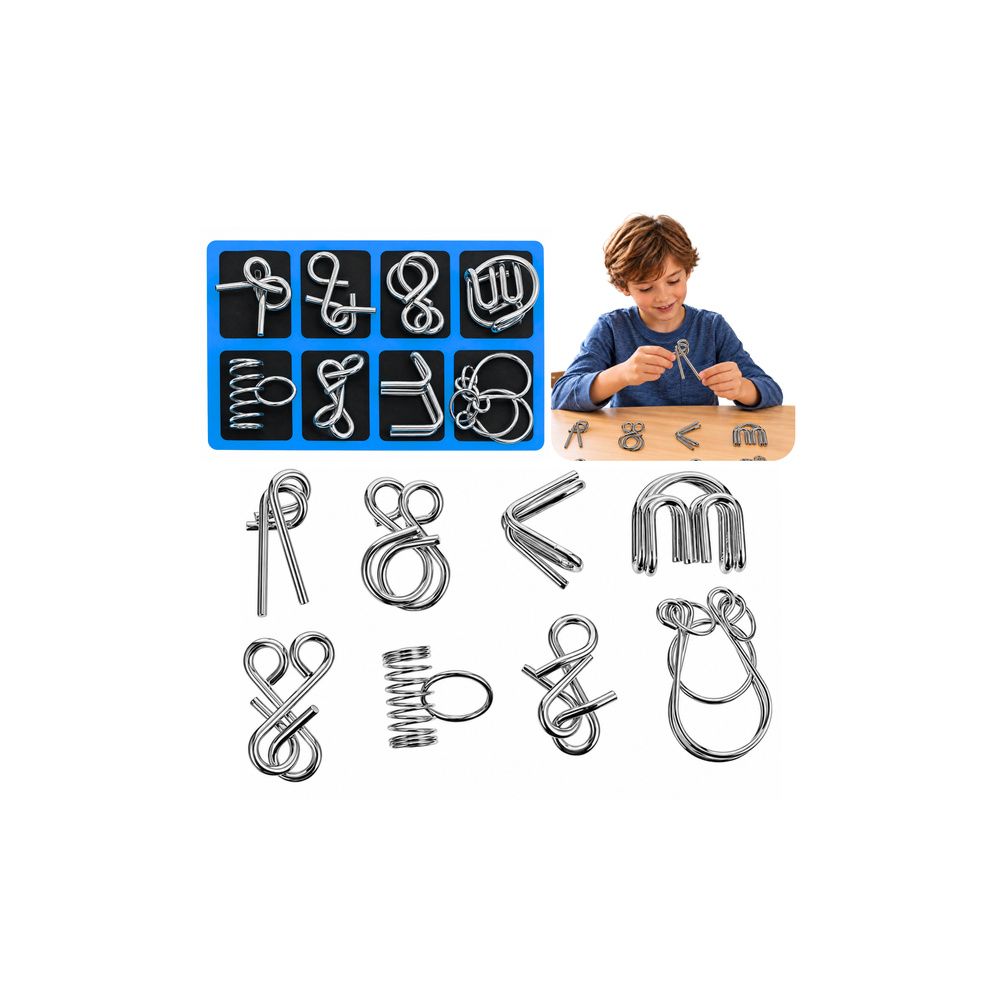 Metalowe Puzzle Łamigłówki Logiczne Z Drutu Zestaw Niebieska Plansza 8szt.