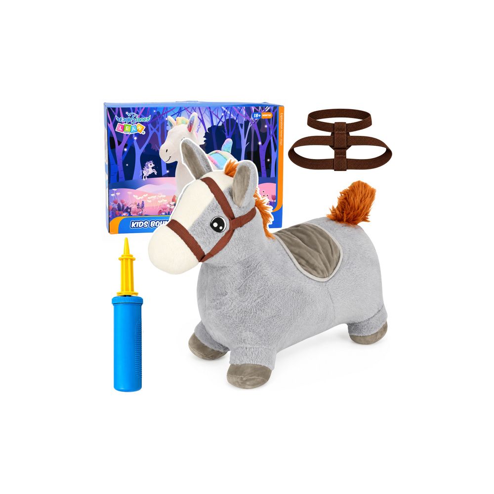 Pluszowy Konik Skoczek Pompowany Dla Dzieci Do Skakania Szary 60cm