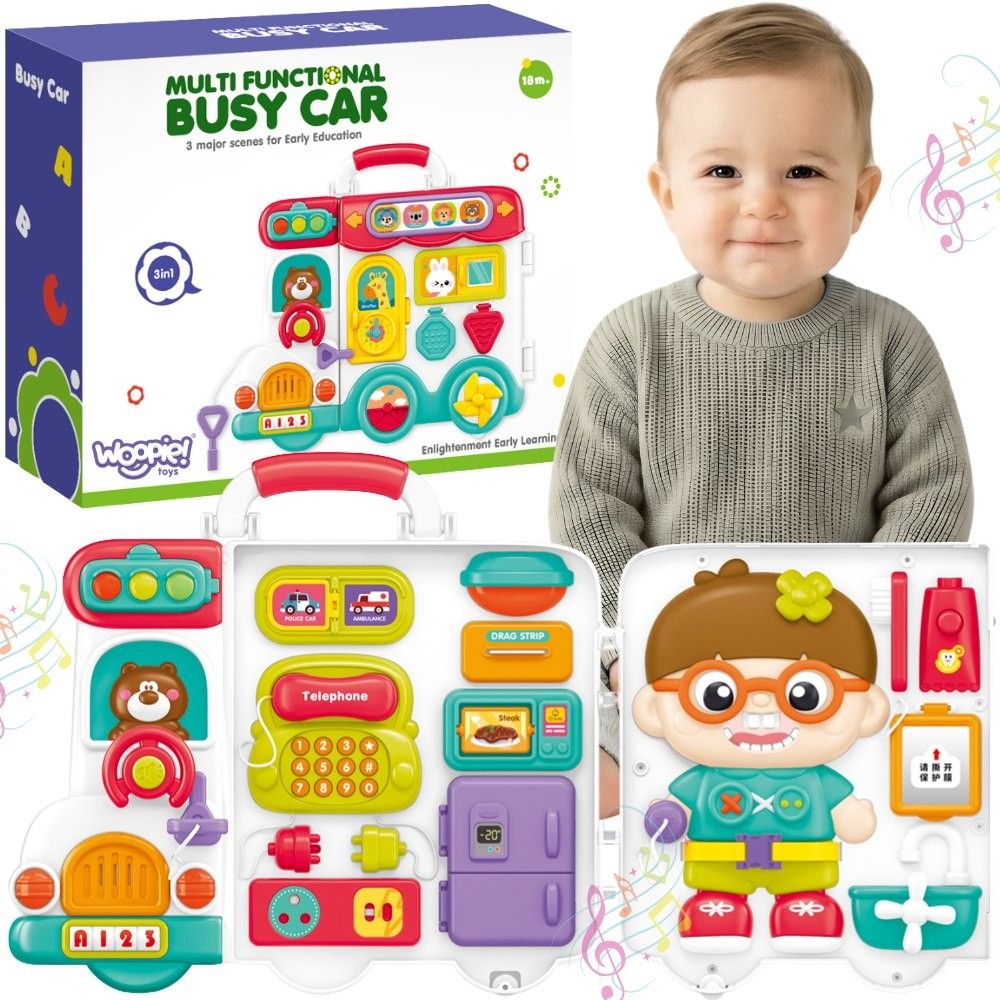 „WOOPIE BABY” interaktyvi lavinamoji lenta – „Busy Car” 3 viename sensorinis lagaminėlis