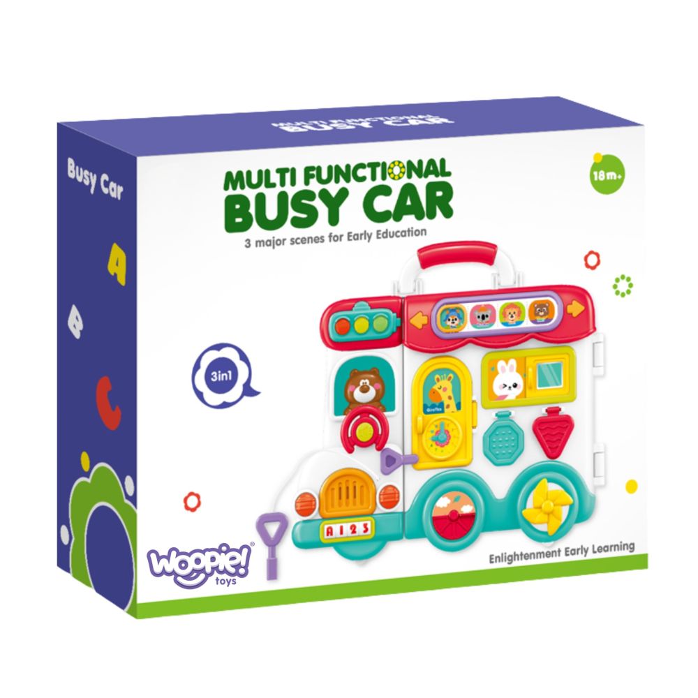 „WOOPIE BABY” interaktyvi lavinamoji lenta – „Busy Car” 3 viename sensorinis lagaminėlis