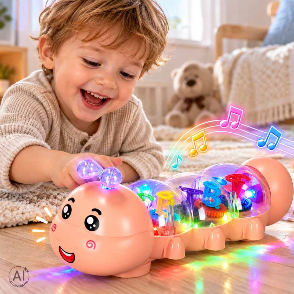 Interaktyvus ropojantis vikšro žaislas su garsais ir LED šviesos jutikliu, rožinis