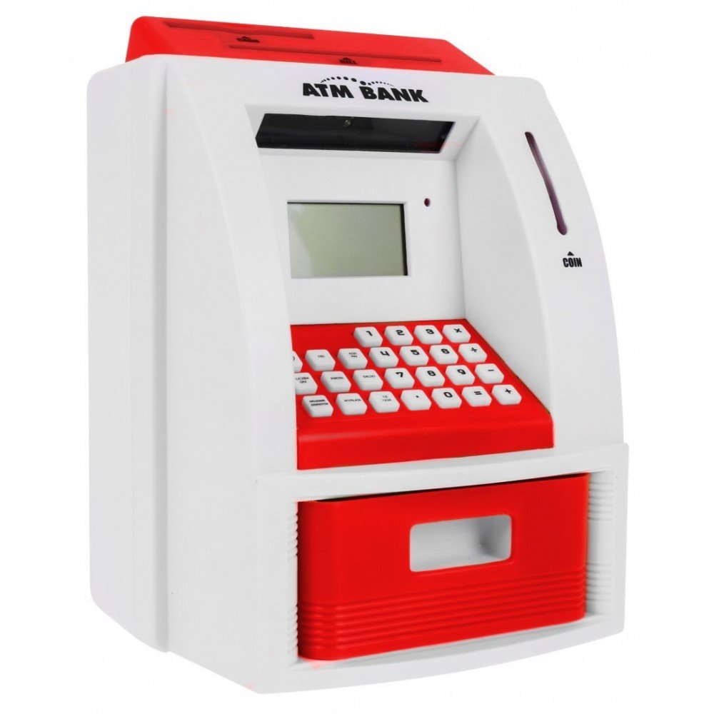 Vaikiška taupyklė 3+ raudona Interaktyvios funkcijos + bankomato kortelė-TEST, RAMIZ-e-vaikas