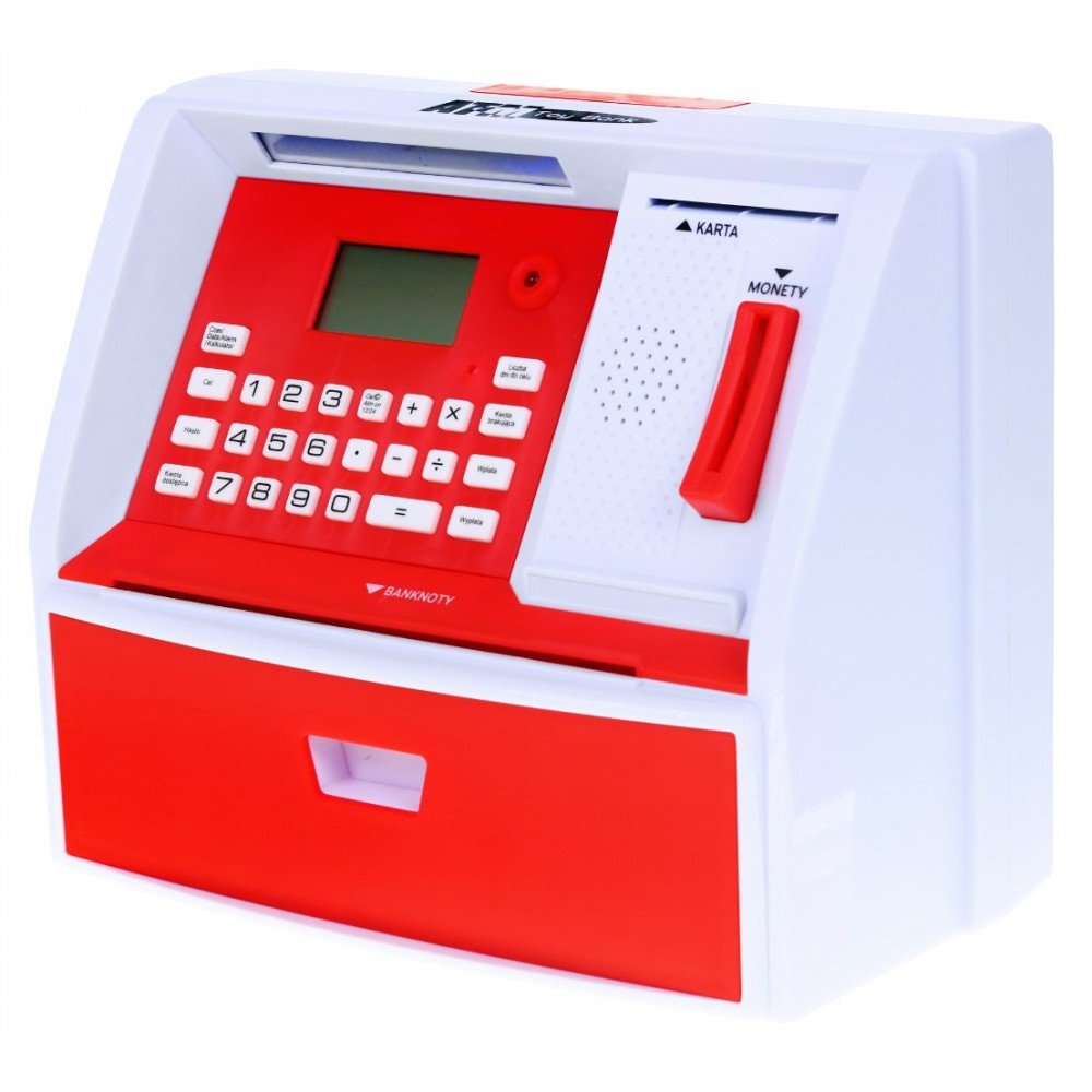 Pinigų aparatas su kortele Pinigų dėžutė vaikams 3+ raudona Interaktyvios funkcijos + taupymo režimas-TEST, RAMIZ-e-vaikas