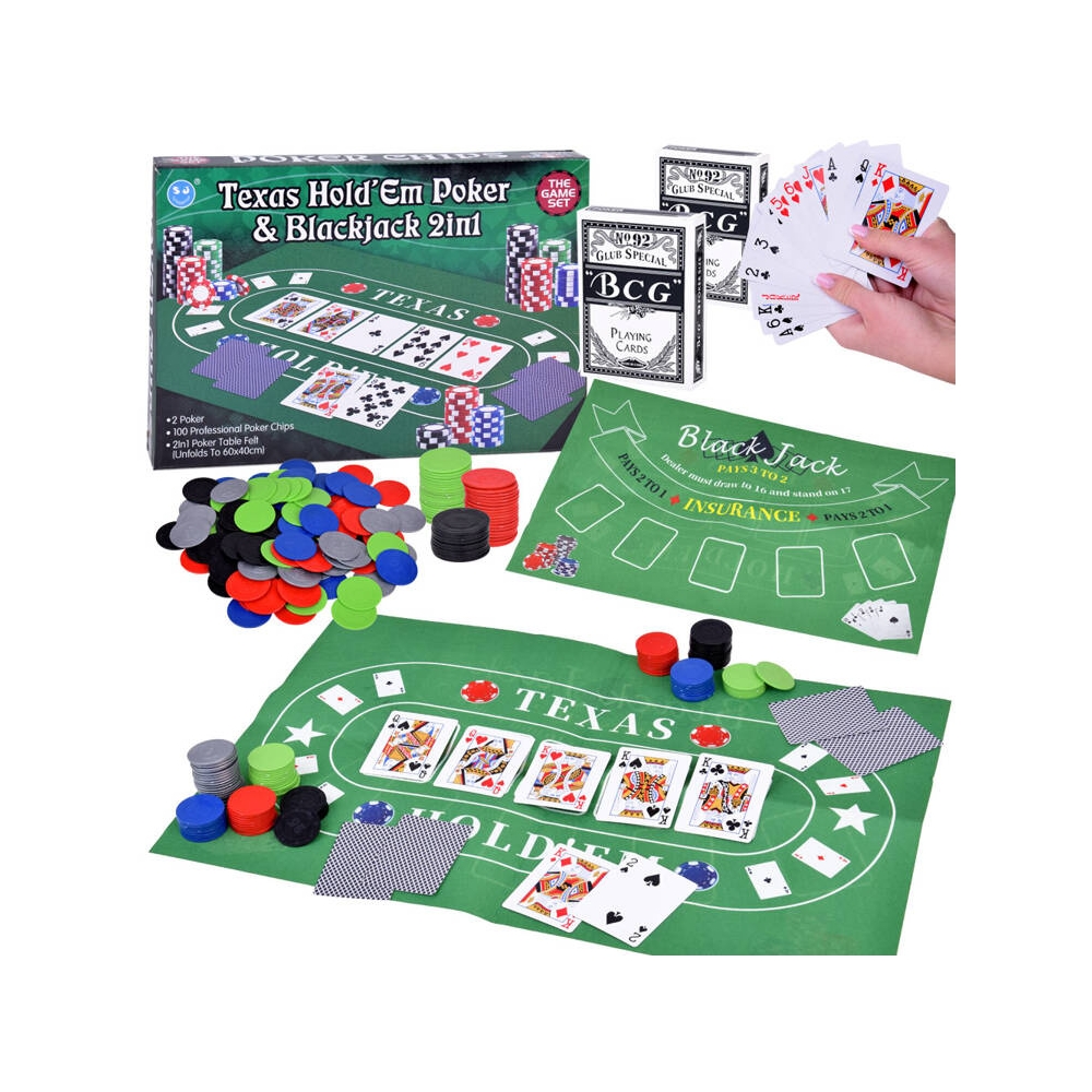 Kortų žaidimo rinkinys 2-in-1 pokerio ir BlackJack žetonai + kortos + lenta GR0706-Žaislai, Stalo žaidimai, Įvairūs stalo žaidim