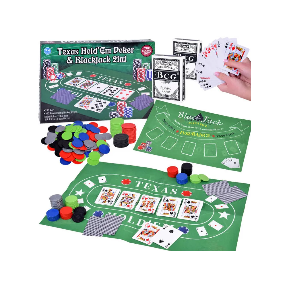 Kortų žaidimo rinkinys 2-in-1 pokerio ir BlackJack žetonai + kortos + lenta GR0706-Žaislai, Stalo žaidimai, Įvairūs stalo žaidim