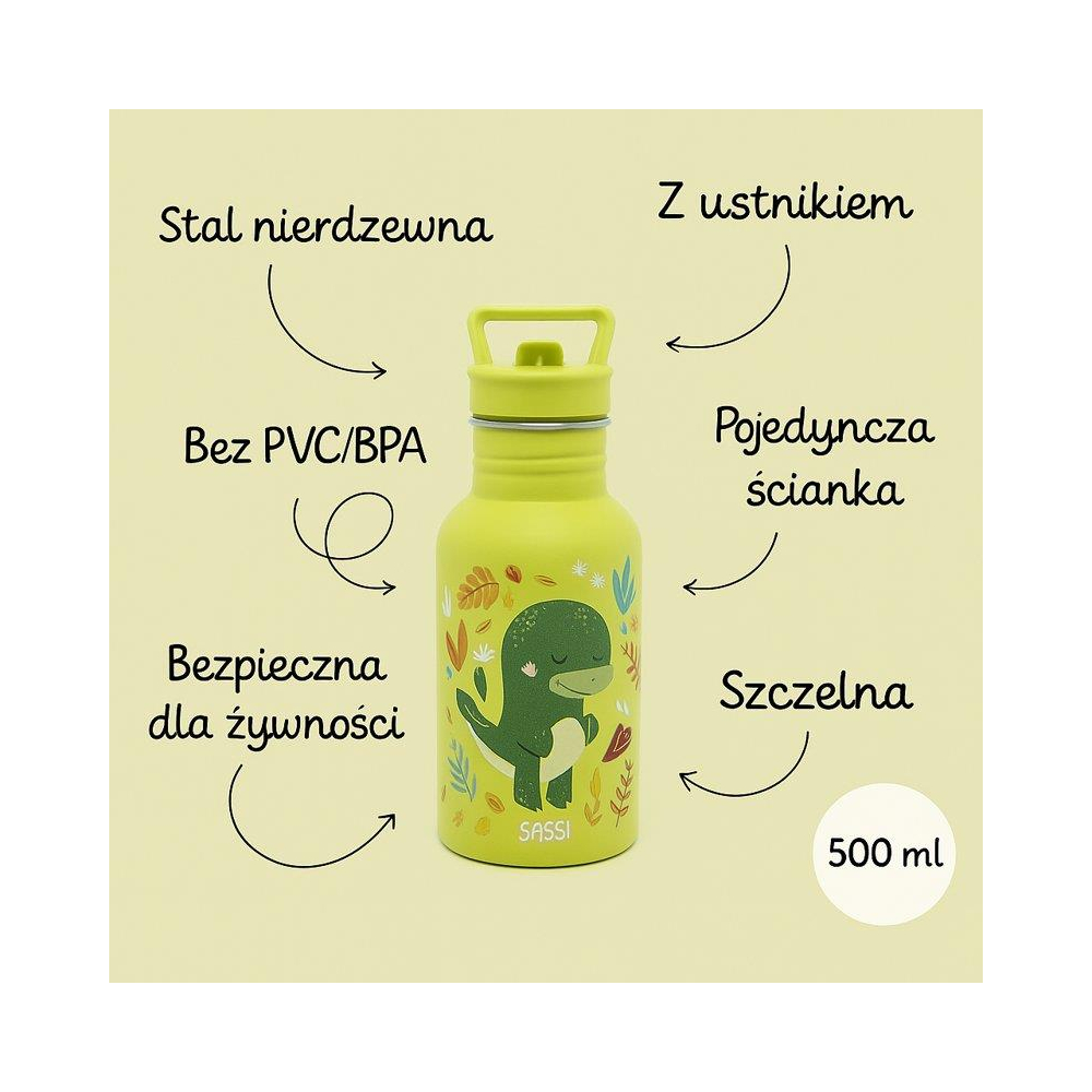 Nerūdijančio plieno gertuvė SASSI Dinozauras, 500 ml-Maitinimui, Indai, įrankiai, gertuvės, Puodeliai, gertuvės-e-vaikas