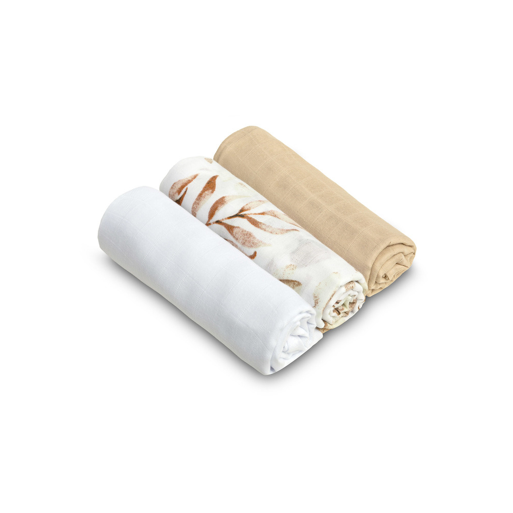 Muslino vystyklai Sensillo 70x80cm 3 vnt, smėlio sp. lapai-Priežiūrai, Vonios tekstilė, Vystyklai-e-vaikas