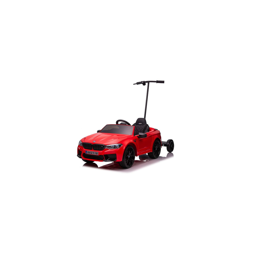 Elektromobilis BMW M5 su platforma tėvams, lakuotas raudonas