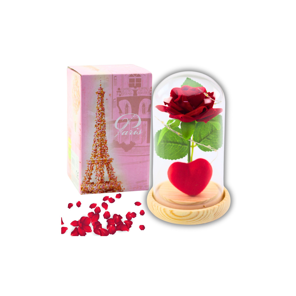 Amžinoji rožė kupole su LED apšvietimu Raudona su širdele 14x8cm-Dovanoms, Šventės, Kalėdos, Velykos, Kiti atributai, dekoracijo