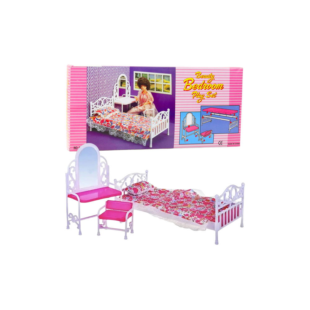 Lėlių baldų rinkinys Lova, tualetas, kėdė, patalynė su gėlėmis-Žaislai, Lėlių namai ir baldai-e-vaikas