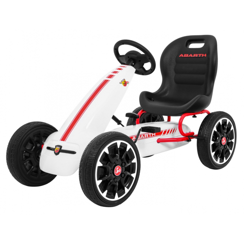 ABARTH pedalinis kartingas vaikams Baltas + EVA ratai + Rankinis stabdis + Laisvasis ratas-Judėjimui, Minami kartingai-e-vaikas