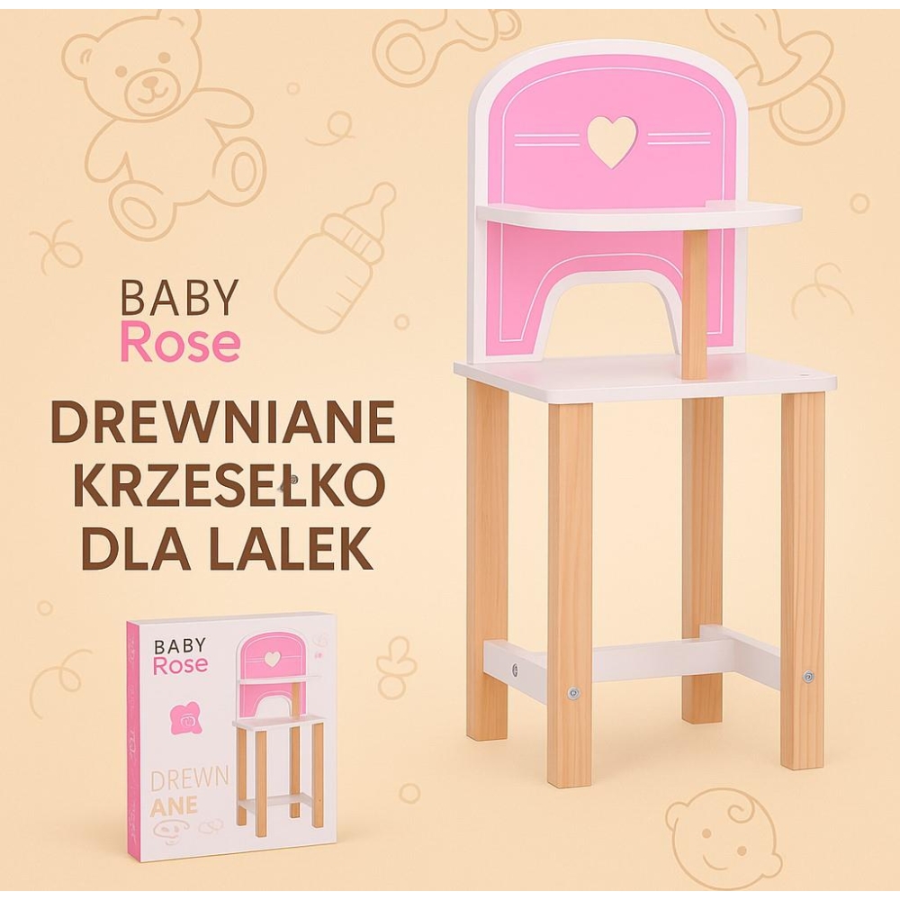 Drewniane krzesełko Baby Rose dla lalek 35-45 cm
