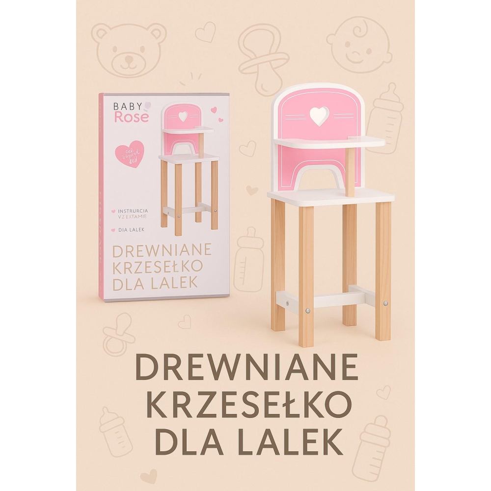 Medinė lėlių kėdė Baby Rose, 35–45 cm-Žaislai, Lėlės ir jų priedai, Mediniai, Lėlių priedai-e-vaikas