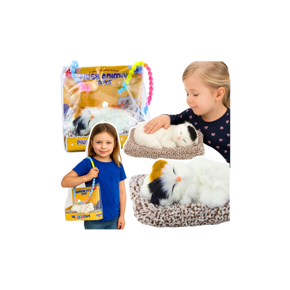 Śpiący Biały Kot Na Poduszce Figurka z Futerkiem Torba Dźwięki