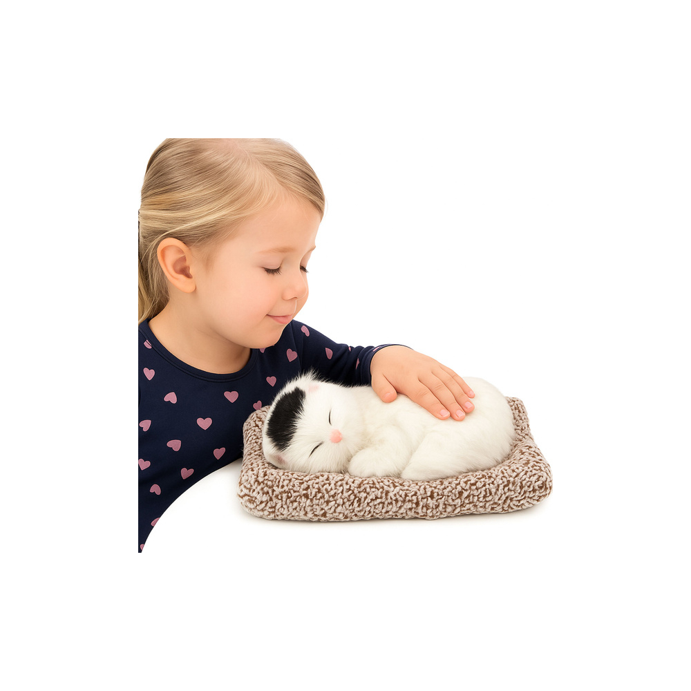 Śpiący Biały Kot Na Poduszce Figurka z Futerkiem Torba Dźwięki