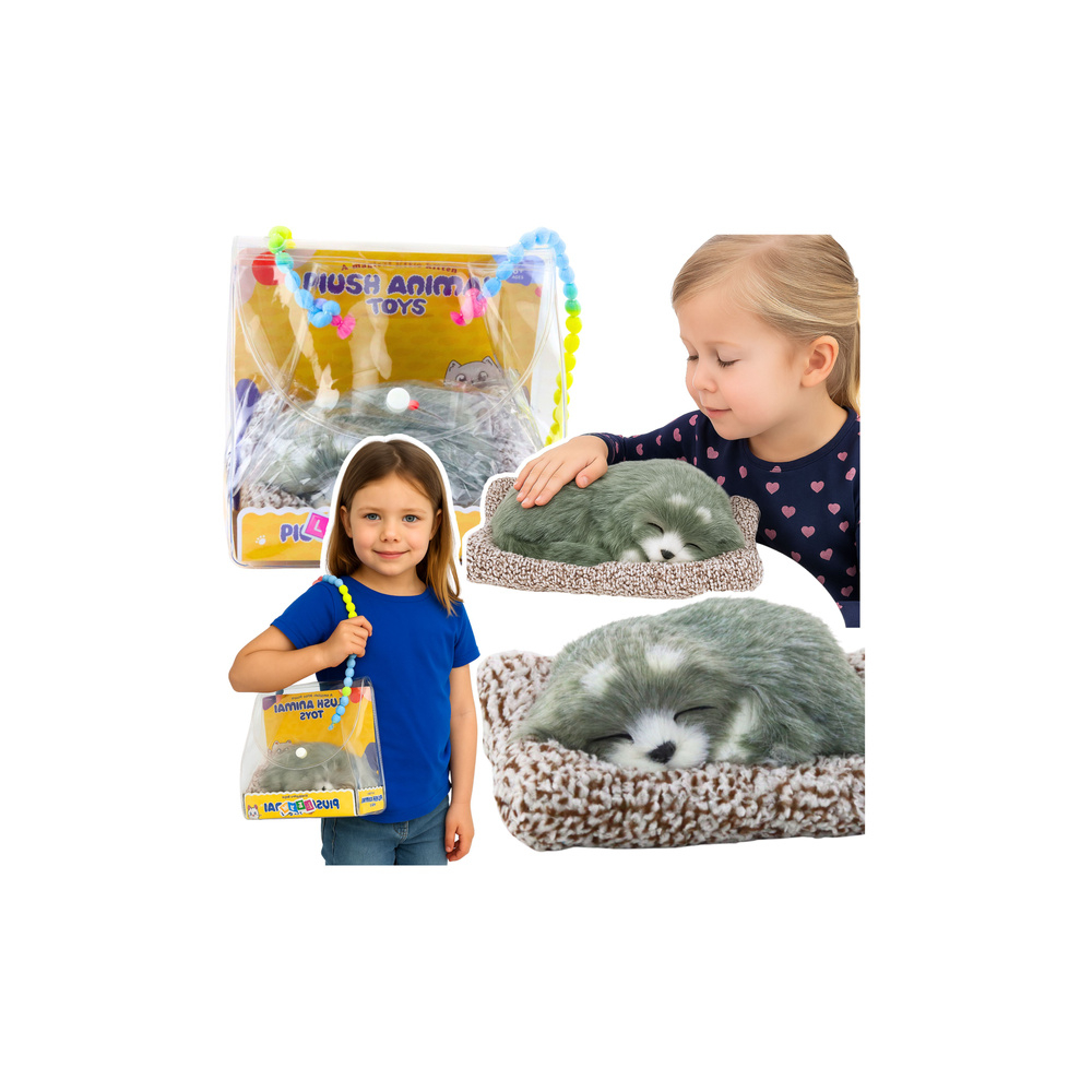 Śpiący Pies Husky Na Poduszce Figurka z Futerkiem Torba Dźwięki