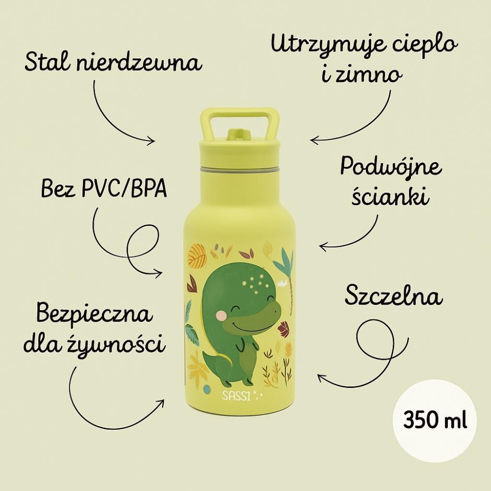 Nerūdijančio plieno vandens gertuvė, 350 ml, SASSI Dinozauras-Maitinimui, Indai, įrankiai, gertuvės, Puodeliai, gertuvės-e-vaika