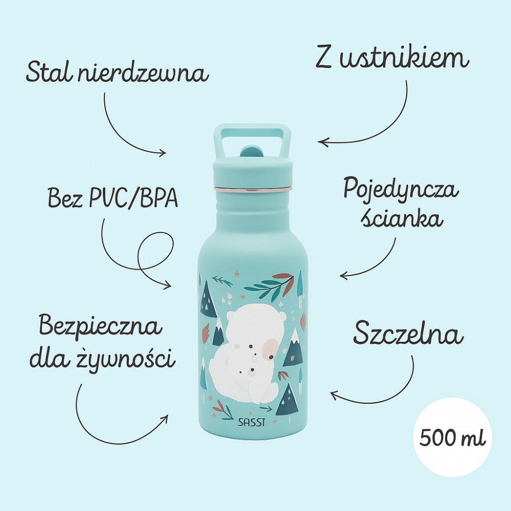 Nerūdijančio plieno vandens gertuvė, 500 ml, SASSI Meškutė-Maitinimui, Indai, įrankiai, gertuvės, Puodeliai, gertuvės-e-vaikas