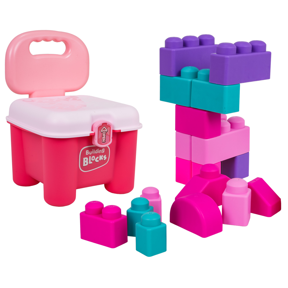 Minkštų kaladėlių rinkinys + saugojimo kėdutė rožinė-Žaislai, Lavinamieji žaislai, Kaladėlės-e-vaikas