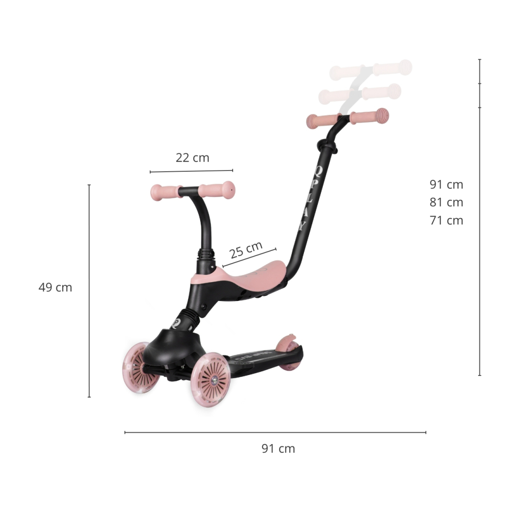 Paspirtukas Qplay Sema Evo 3in1, Coral Pink-Judėjimui, Paspirtukai vaikams-e-vaikas