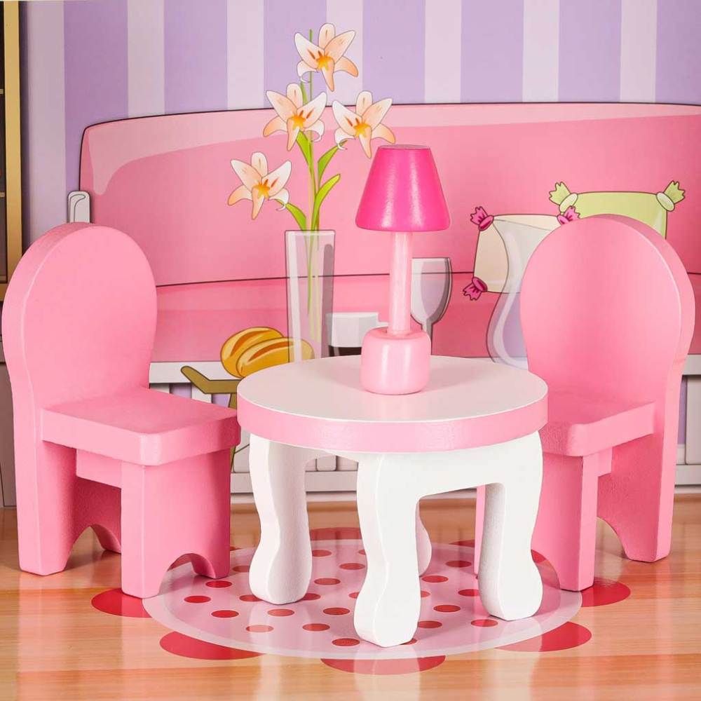 MDF medinis lėlių namelis + baldai 70cm rožinis LED-Žaislai, Lėlių namai ir baldai-e-vaikas