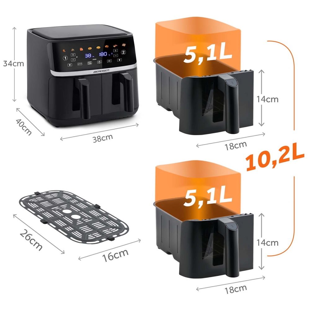 Karšto oro gruzdintuvė 10,2 l XL dviejų kamerų Berdsen 1700W BD-657 juoda-Namai, laisvalaikis, turizmas, Virtuvei-e-vaikas