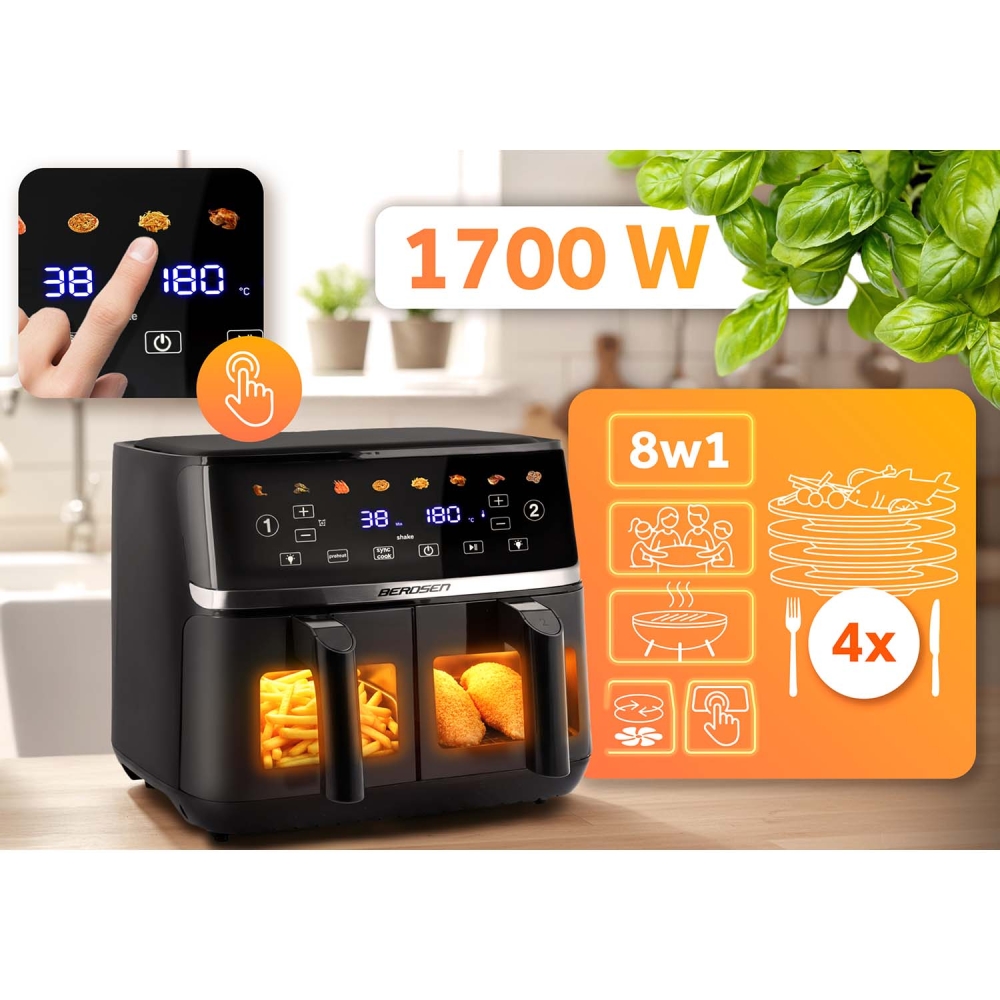 Karšto oro gruzdintuvė 10,2 l XL dviejų kamerų Berdsen 1700W BD-657 juoda-Namai, laisvalaikis, turizmas, Virtuvei-e-vaikas