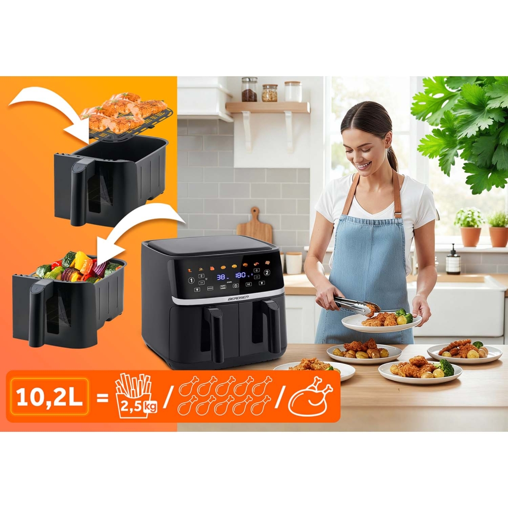 Karšto oro gruzdintuvė 10,2 l XL dviejų kamerų Berdsen 1700W BD-657 juoda-Namai, laisvalaikis, turizmas, Virtuvei-e-vaikas