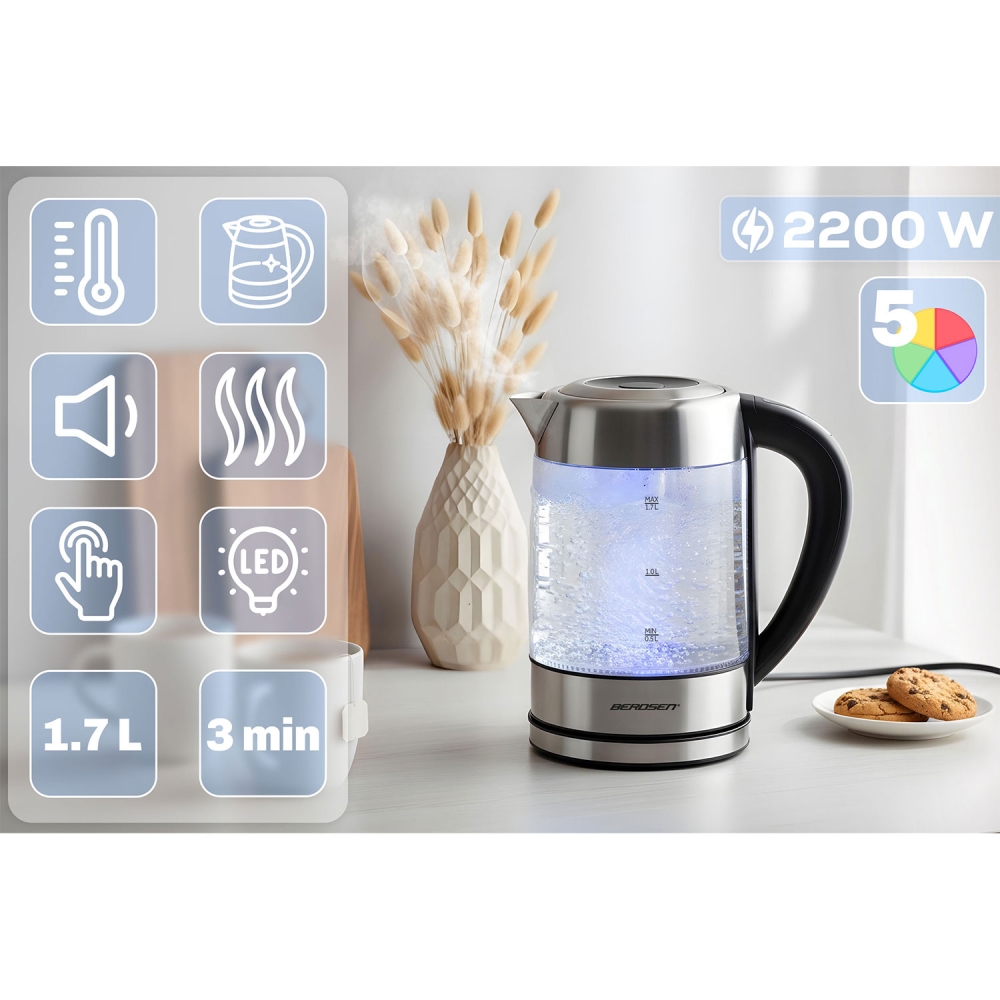 Stiklinis elektrinis virdulys su reguliuojama temperatūra 1,7l 2200W Berdsen BD-714-Namai, laisvalaikis, turizmas, Virtuvei-e-va