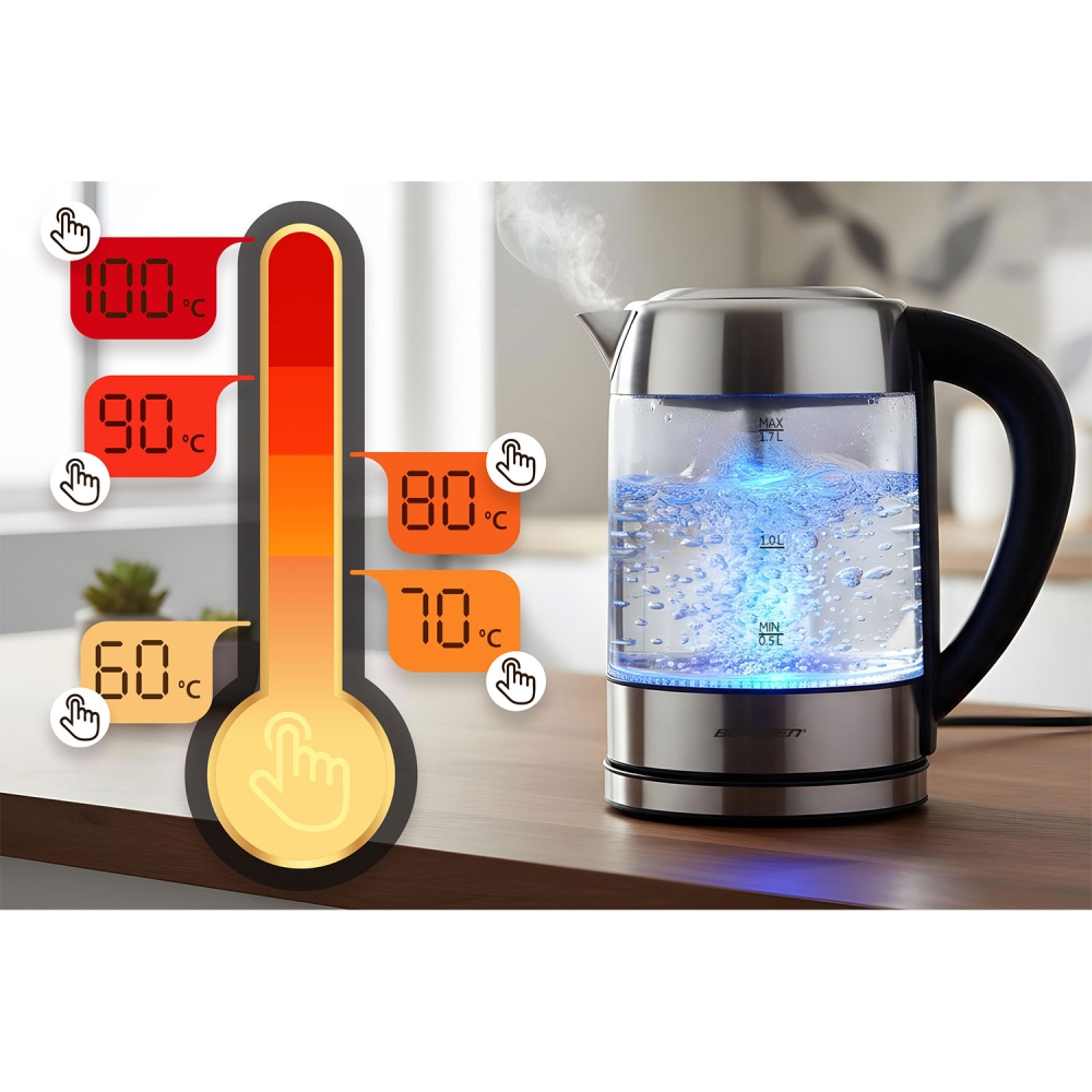 Stiklinis elektrinis virdulys su reguliuojama temperatūra 1,7l 2200W Berdsen BD-714-Namai, laisvalaikis, turizmas, Virtuvei-e-va